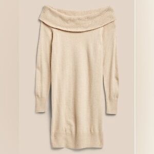 Banana Republic Off the Shoulder Sweater Dress Heather Beige Tan Knit Dress Cozy
